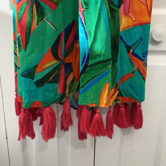 Farm Rio Anthropologie Cover-up Maxi Dress L Green Tassel Tropical Resort Beach - Picture 5 of 15
